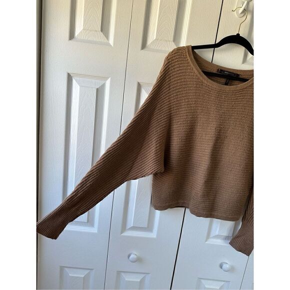 BCBG Tan Ribbed Knit Dolman Sleeve Camille Cropped Sweater - Picture 3 of 5